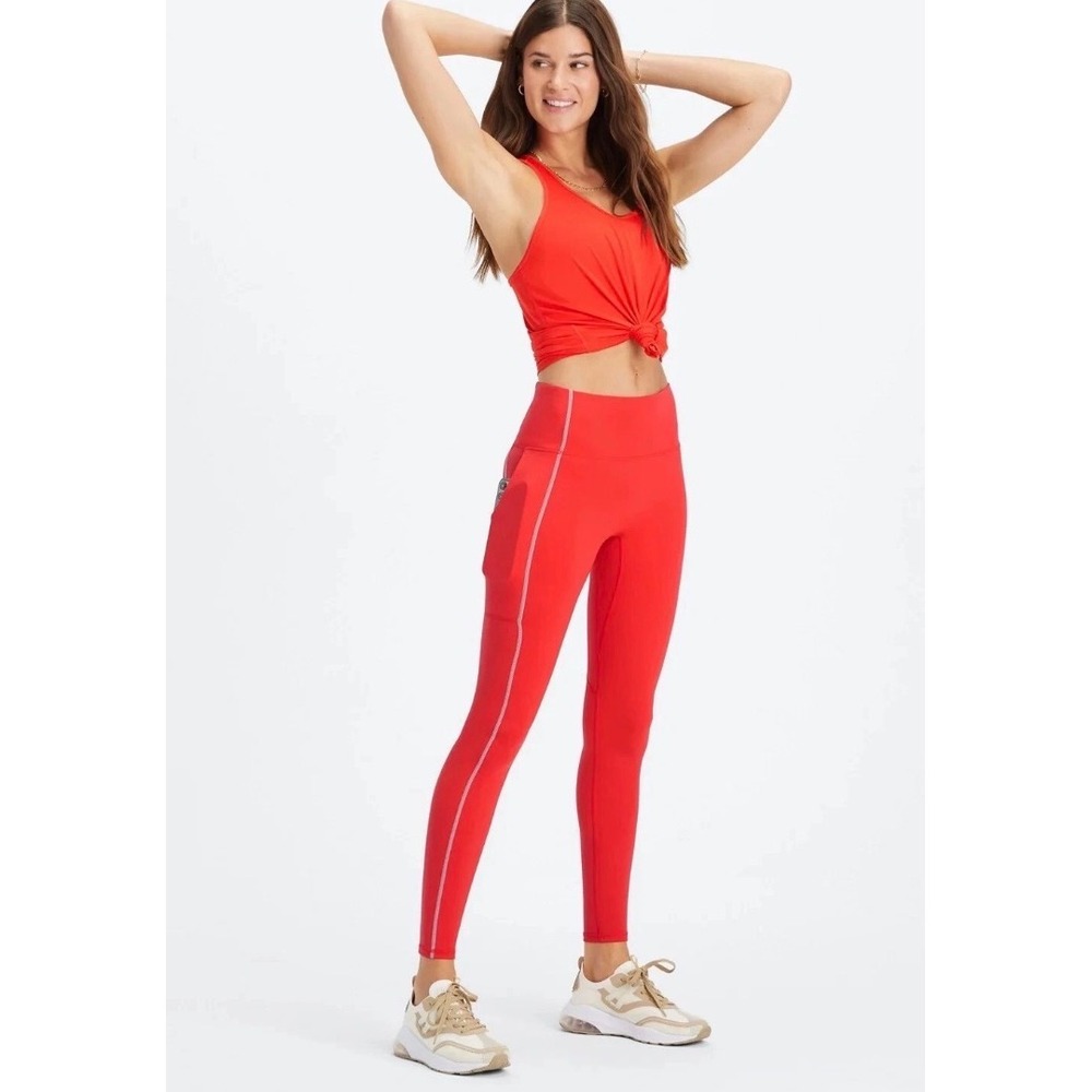 Fabletics Trinity Leggings Womens M Red Good High Rise Pockets Reflective Piping